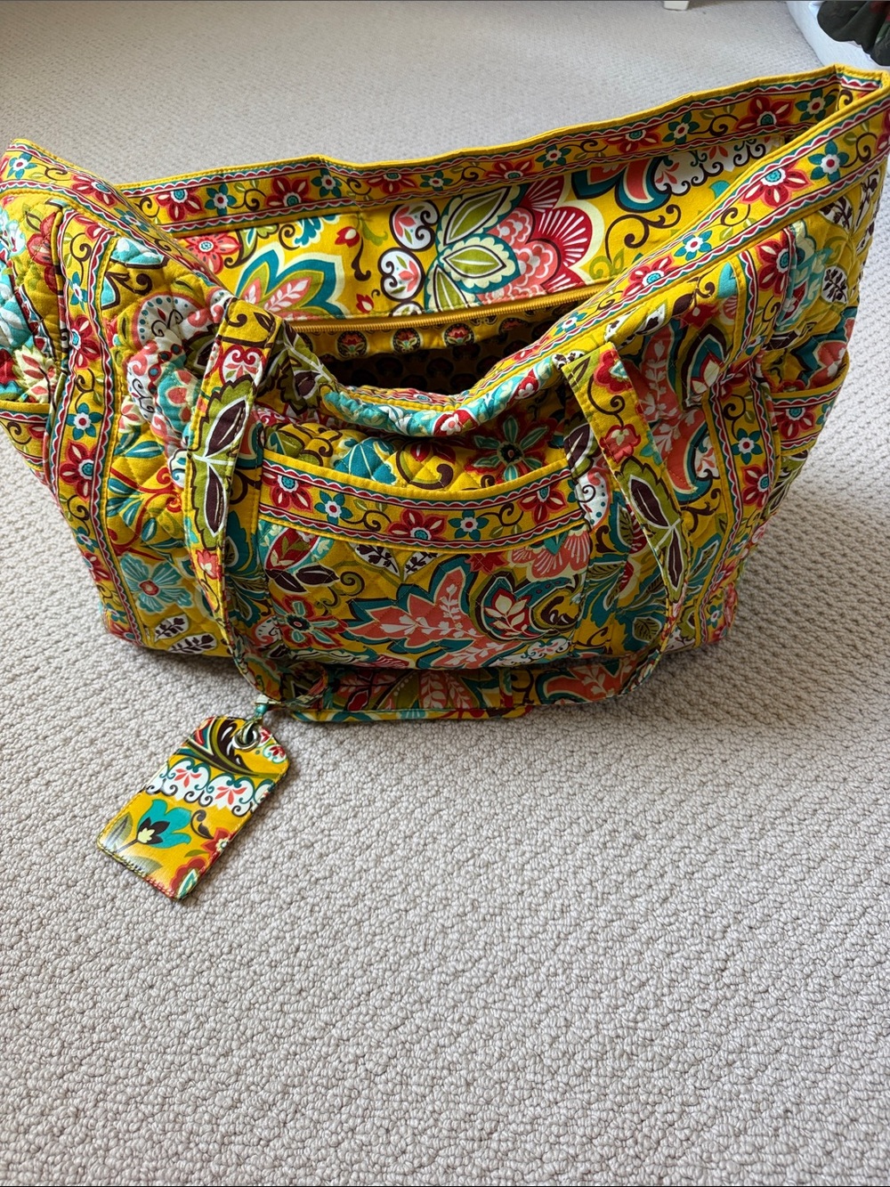 Quilted Vera Bradley Floral Tote Bag in Yellow and Teal - Picture 3 of 6
